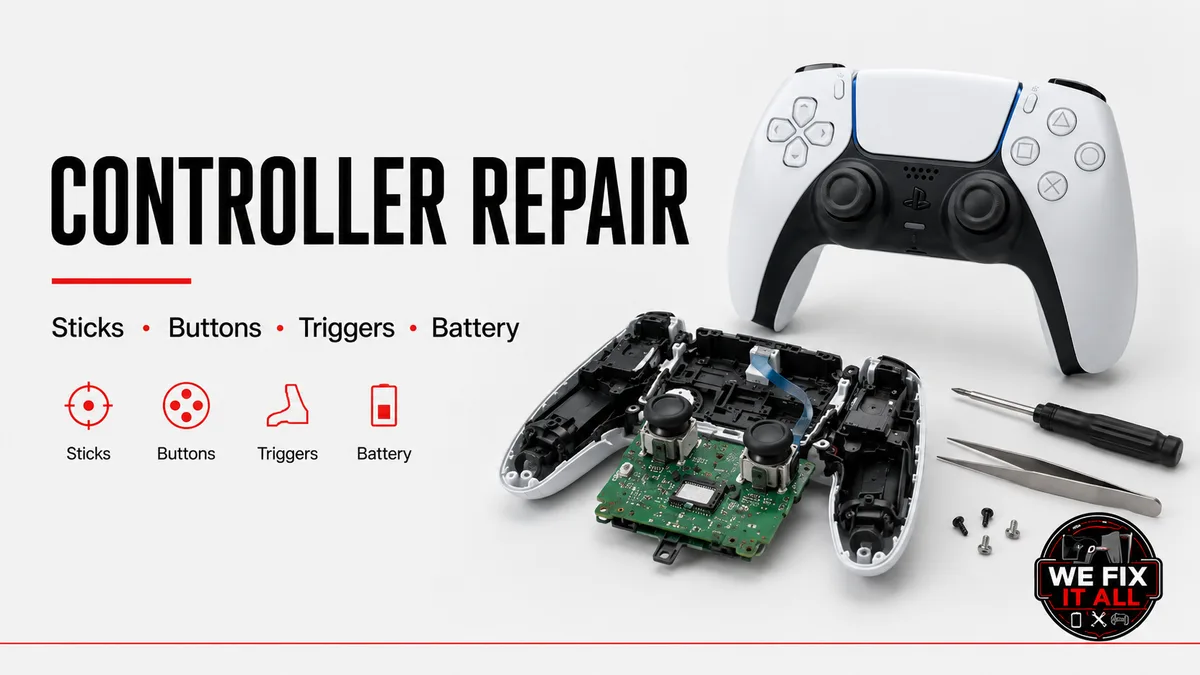 PS5 controller repair: stick drift, buttons, triggers, and battery service at We Fix It All in Norcross