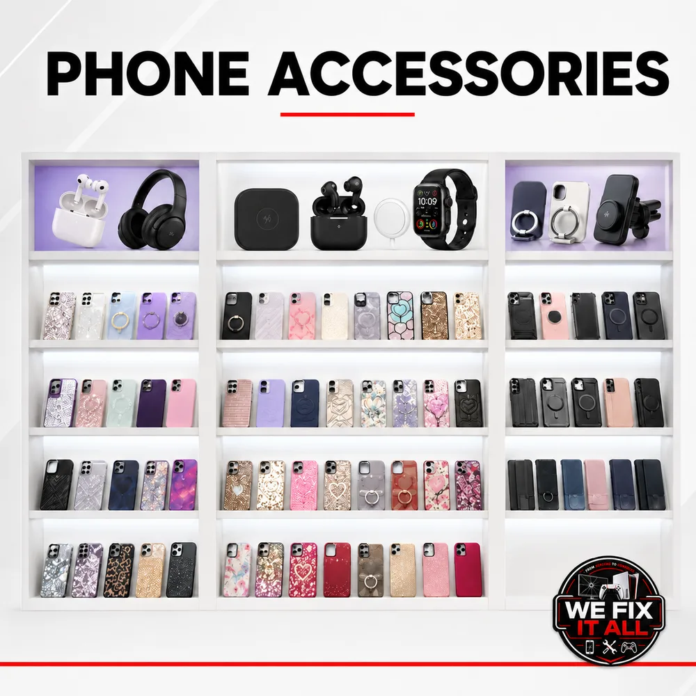 Phone accessories for sale at We Fix It All in Norcross, GA: chargers, MagSafe, earbuds, screen protectors and cases