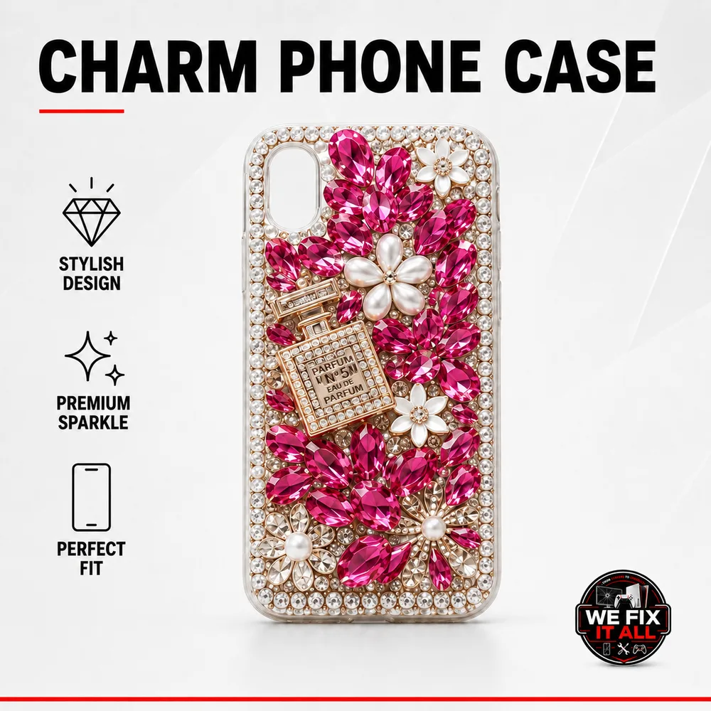 Charm phone case for sale at We Fix It All in Norcross, GA: rhinestone bling phone case with crystals, pearls and a perfume-bottle charm