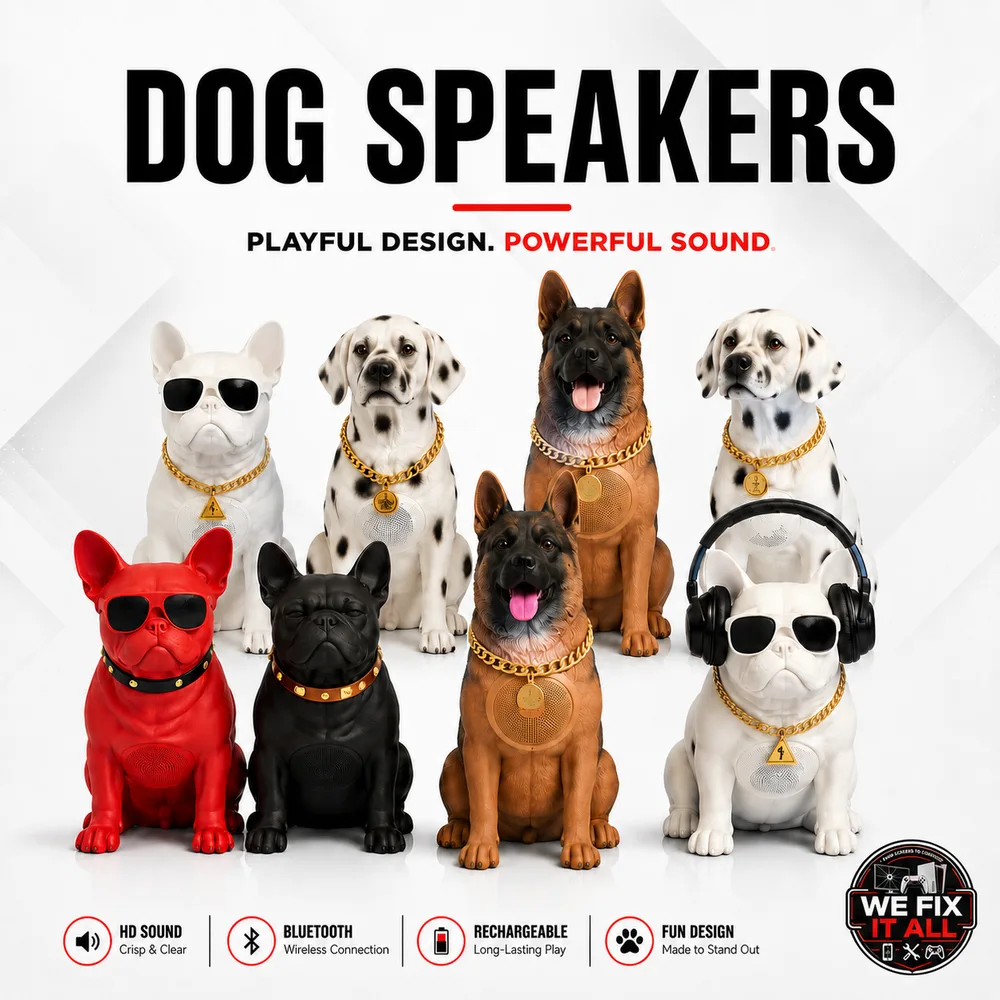Dog-breed Bluetooth speakers for sale at We Fix It All in Norcross, GA: French bulldog, Dalmatian and German shepherd portable speakers in all sizes