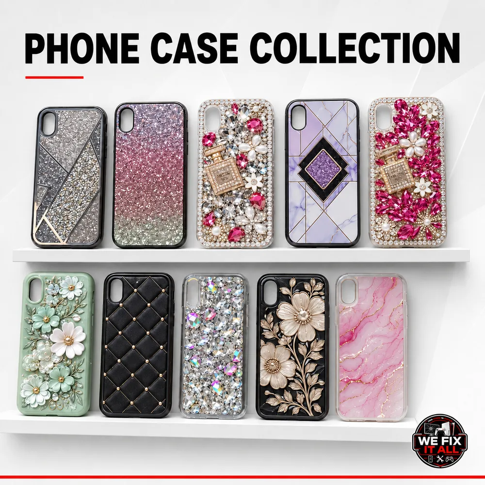 Phone cases for sale at We Fix It All in Norcross, GA: bling bling rhinestone cases, blinged-out diamond cases, marble, floral and clear cases for iPhone, Samsung and Motorola