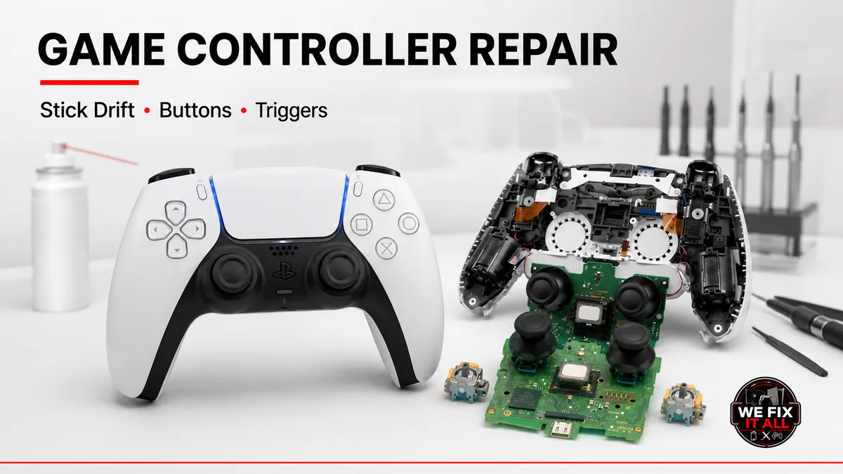 PS5 and Xbox game controller repair: stick drift, buttons, triggers, and battery at We Fix It All in Norcross