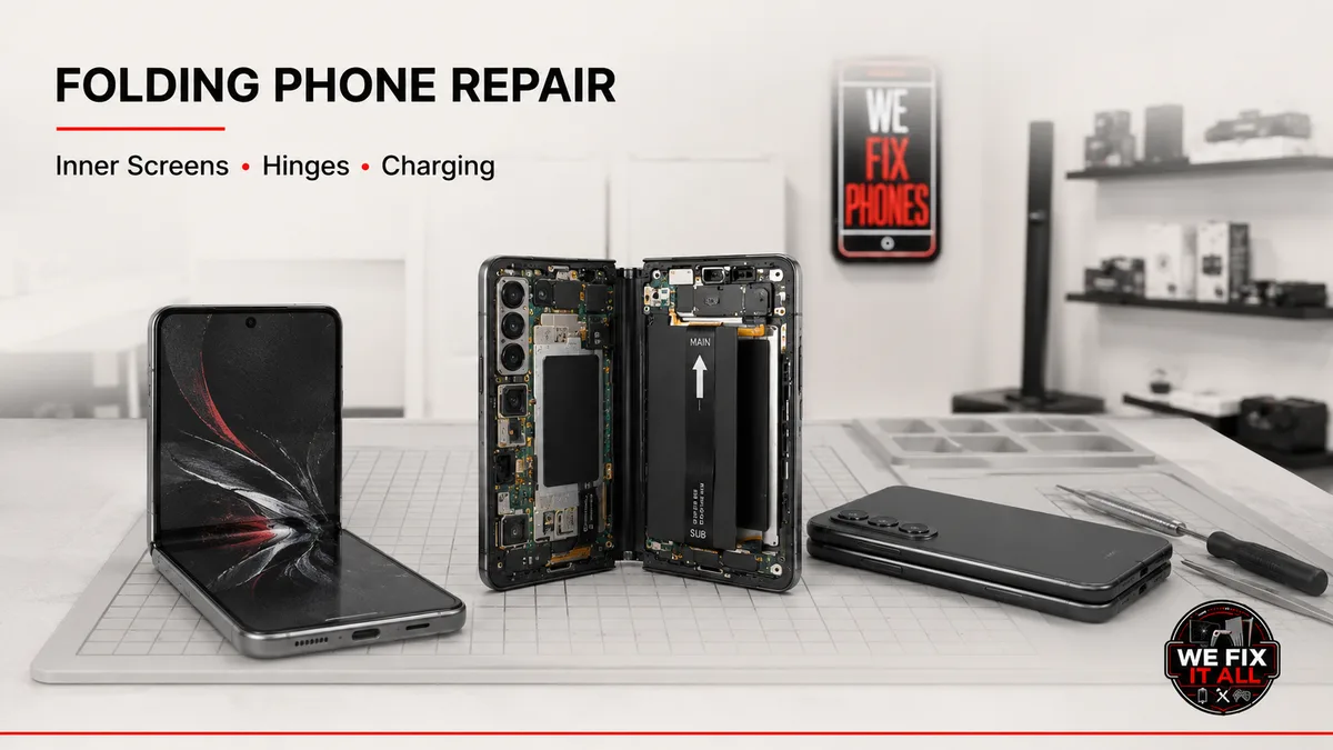 Samsung folding phone repair: hinge, fold screen, and crease repair at We Fix It All in Norcross