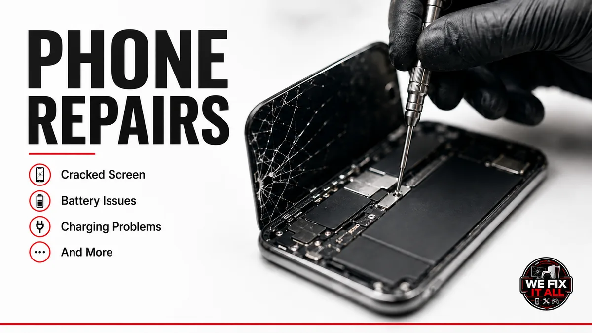 Phone repair in Norcross: technician fixing a cracked iPhone screen, battery, and charging port at We Fix It All