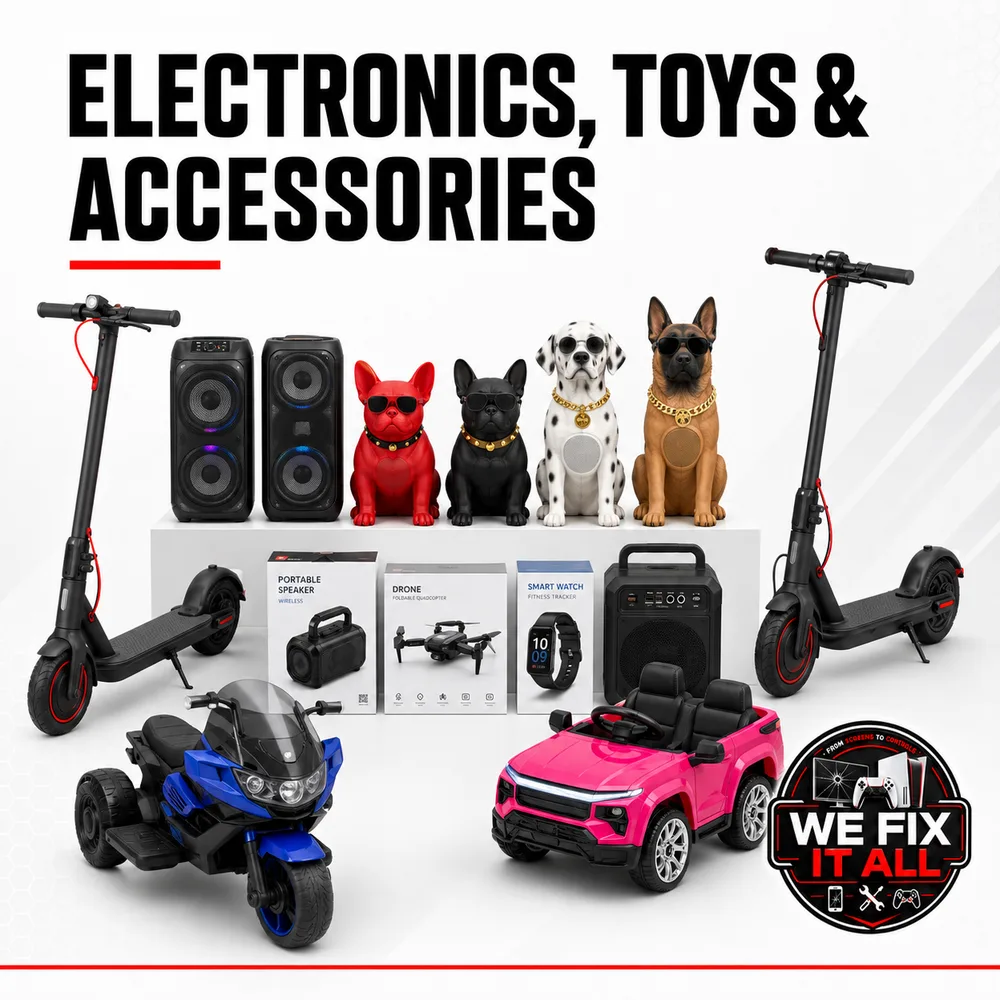Electronics, toys and accessories at We Fix It All in Norcross, GA: kids ride-ons, electric scooters, party speakers and dog-breed Bluetooth speakers