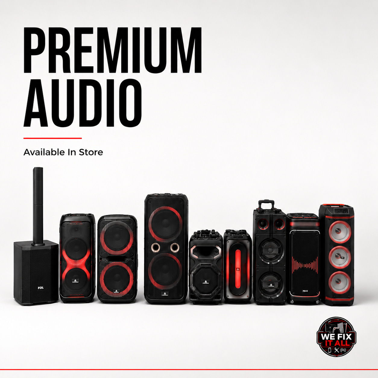 Premium audio and speakers available in store at We Fix It All in Norcross, GA