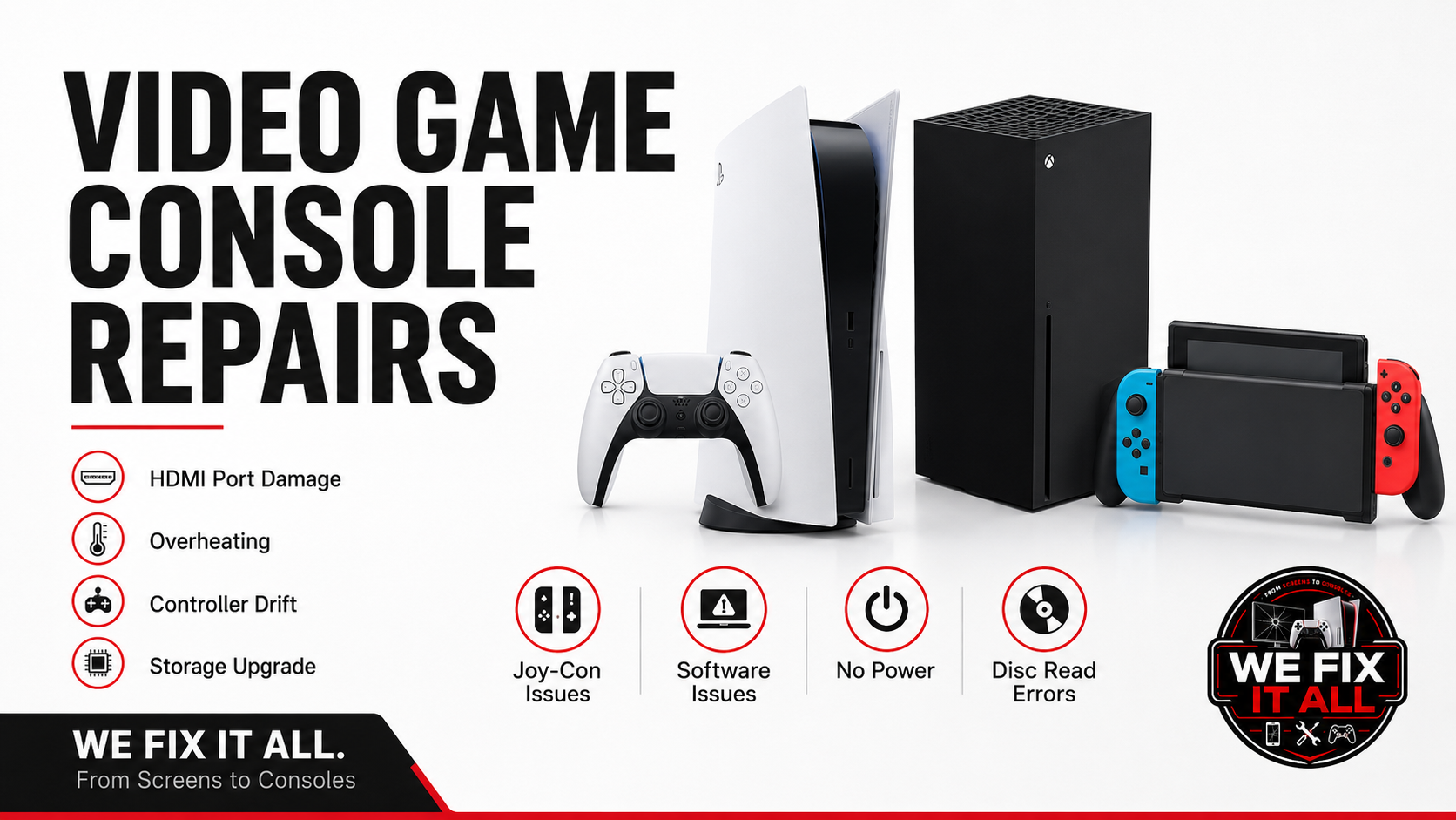 Video game console repair: PS5, Xbox, and Nintendo Switch fixes at We Fix It All