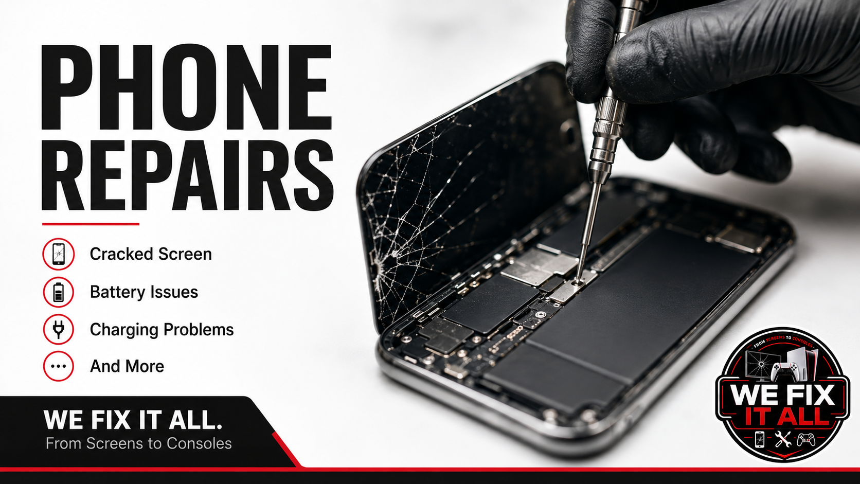Phone repair in Norcross: technician fixing a cracked iPhone screen, battery, and charging port at We Fix It All