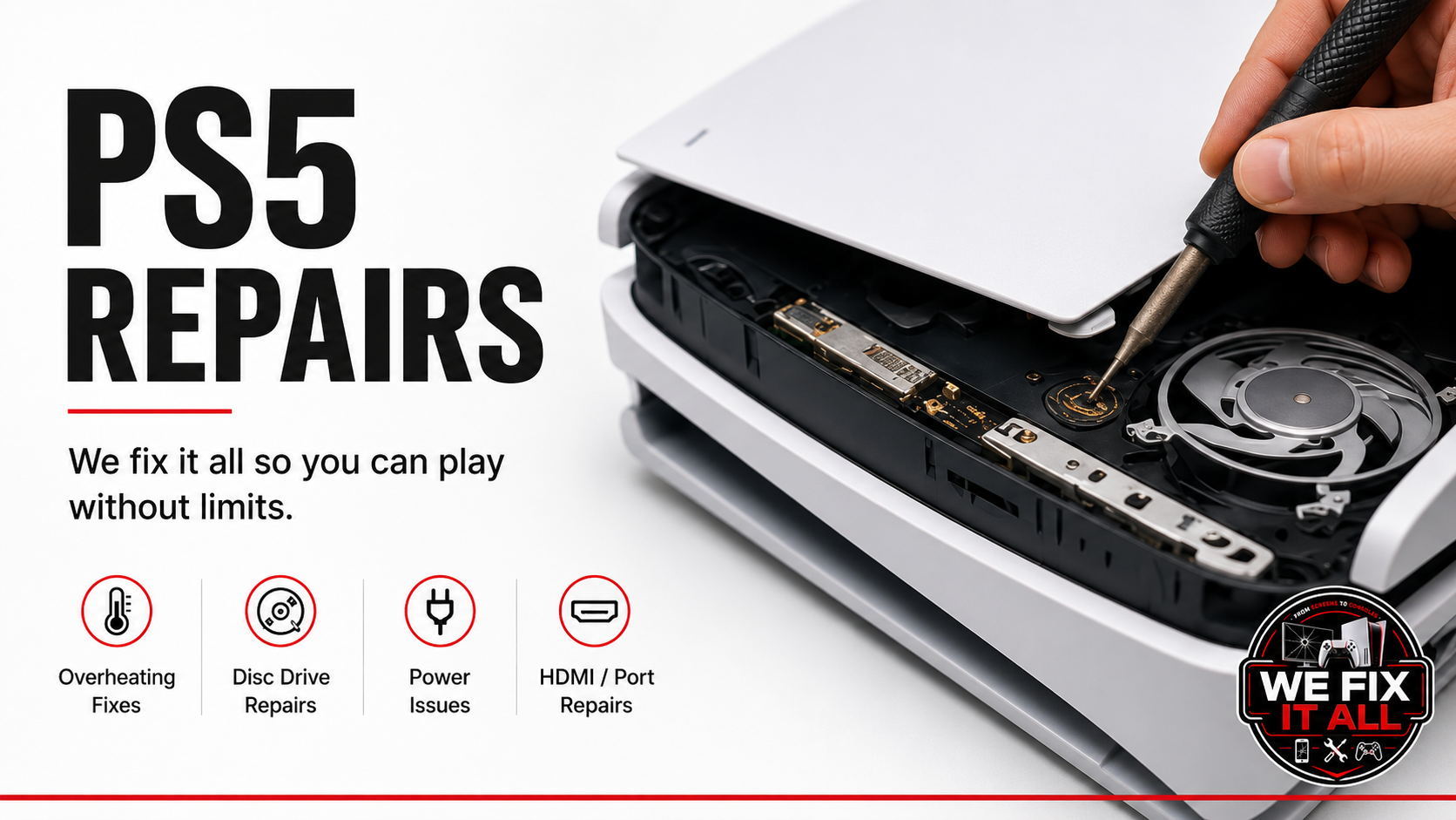 PS5 repair in Norcross: overheating, disc drive, power, and HDMI port repairs at We Fix It All