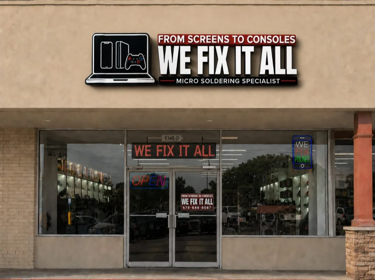 The We Fix It All storefront at 5345 Ste D Jimmy Carter Blvd, Norcross, GA, with the lit sign reading We Fix It All, From Screens to Consoles, Micro Soldering Specialist.